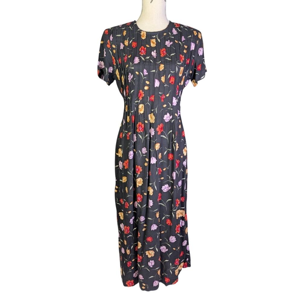 Vintage 90s Positive Attitude Floral Midi Dress Black Cottagecore Boho S